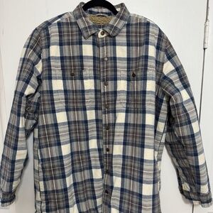 L.L. Bean Blue Brown Plaid Shirt Jacket L Tall Button Accents